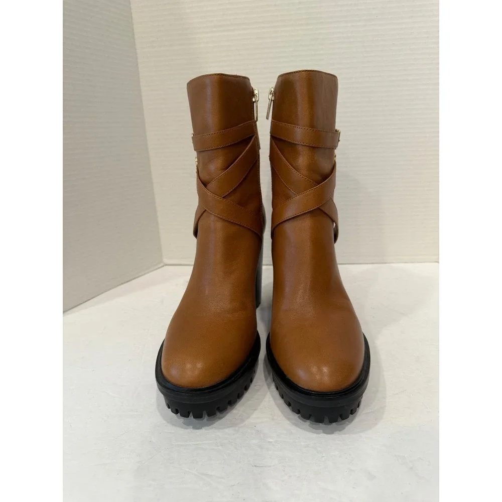 Vince Camuto Brown Buckle Strap Lug Sole Platform Block Heel Zip Ankle Boots 10M